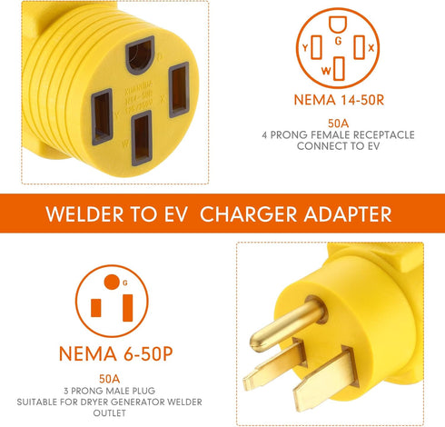 EV Charger Adapter Compatible with NEMA 6-50P to 14-50R 50 Amp 3 Prong Welder Plug to 4 Prong EV Charging Connector, Welder Welding Dryer EV Charg...