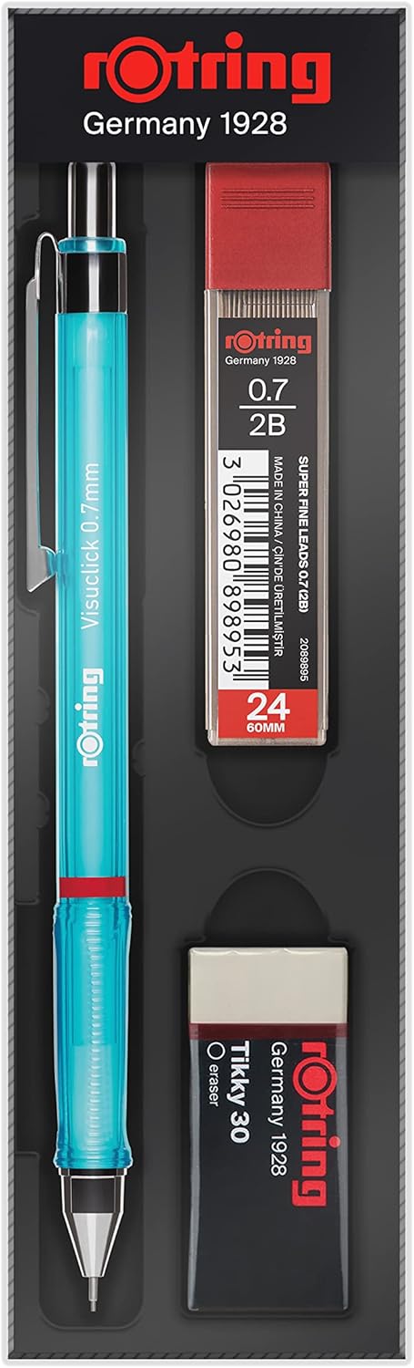 Rotring Visuclick School Pencils Set of 3, Tip Pen 0.7 mm, 0.7 Nib 2B, Eraser Gift - Blue...