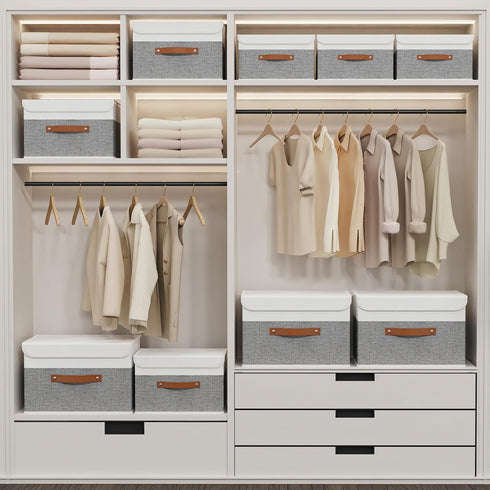 Yawinhe Storage Boxes with Lids, Linen Fabric Bin, Cube Organizer Basket, Washable and Leather Handle, for Home, Closet, White/Grey, 15.0''Lx9.8''...