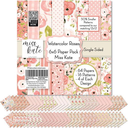 6x6 Pattern Paper Pack - Watercolor Roses - with Florals -Scrapbook Single-Sided-64 Sheets- 50% Smaller Patterns - by Miss Kate Cuttables...