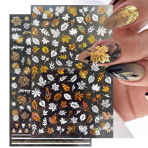 8Sheets Gold Maple Leaf Nail Stickers 3D Fall Nail Art Supplies Holographic Autumn Nail Art Sticker Maple Leaves Design Foils Laser Shiny DIY Nail...
