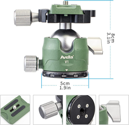 V1 DSLR Camera Tripod Ball Head 38MM, 360 Degree Swivel,U-Shaped Groove Design, for Canon Nikon Sony Olympus Panasonic DSLR Camera-Green...