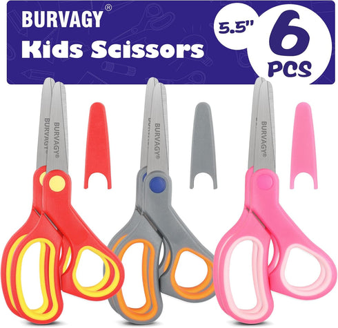 Kids Scissors 6-Pack, BURVAGY 5.5" Safety Small scissors with Cover, Student Blunt Tip Scissors for School Kids Age 4-7 8 9 10-12...