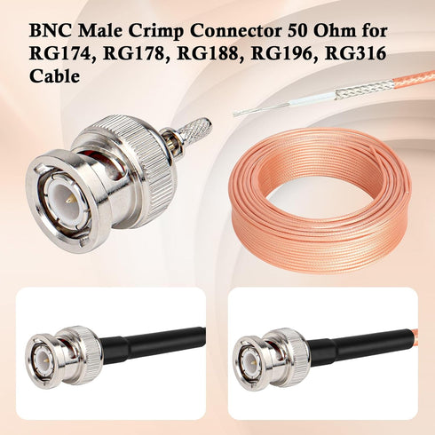 XRDS -RF BNC Crimp Connectors 10PCS, BNC Male Crimp Solder Attachment Connector for RG316 RG174 RG188 RG188A LMR100 Coax Cable...