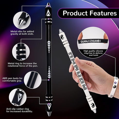 2 Colors Pen Spinning with Silicone Bracelet, Metal Heads Gaming Finger Pen, 8.5In Weighted Rotating Ballpoint Pen, Spinning Pen for Student Adult...