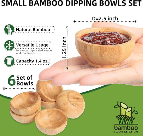 Dipping Bowls Set, Small Bamboo Dipping Sauce Cups for Soy Sauce/Condiment/Salad/Snacks, Reusable Round Side Dish Bowls for Gourmet Oil Dipping Sp...