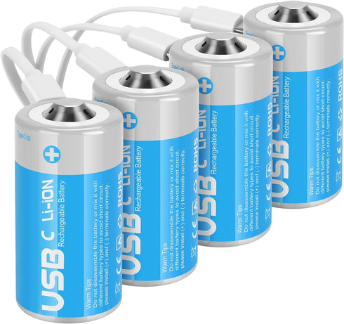 Rechargeable Lithium C Batteries with 4 in 1 USB-C Charge Cable,4 Pack C Cell Li-ion Battries,LR14 1.5V C Size Cell Battery Replacement 4100mWh fo...