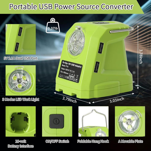 Battery Adapter for Ryobi 18volt One+ P107 P108 Li-ion Battery,Portable Power Source Converter with Dual USB Phone Charge Port,420LM Flashlight LE...
