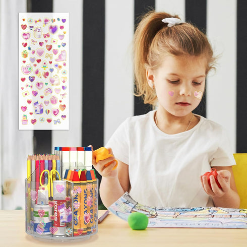 Acrylic Pencil Organizer for Desk 4 Compartments with Adhesive DIY Sticker, Rotating Art Supply Organizer with Kawaii Sticker Kids, Spinning Round...