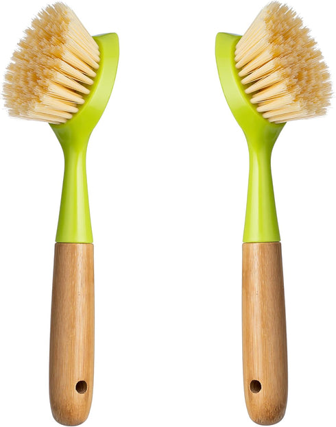 2 Pack Kitchen Dish Brush Bamboo Handle Dish Scrubber Built-in Scraper, Scrub Brush for Pans, Pots, Kitchen Sink Cleaning, Dishwashing and Cleanin...
