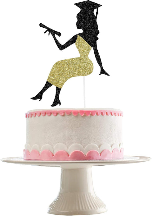 Graduation Cake Topper 2024 Black and Gold Glitter Graduation Girl Cake Topper, 2024 Girl Graduation Decorations, 2024 Graduation Party Cake Decor...