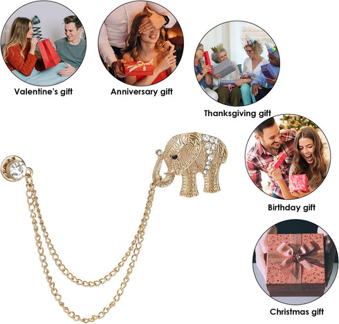 Vintage Animal Tassel Chain Pin Brooch Golden Elephant Rhinestone Collar Chain Pins Brooches for Men Women Suit Accessories (1 Pack)...
