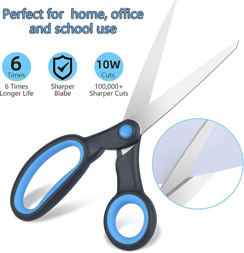 Left Handed Scissors for Adults Kids Student, 8 Inch Lefty Stainless Steel Sharp Blade Soft Comfort-Grip Handles Blunt Scissors, 2-Pack, Black/Blu...