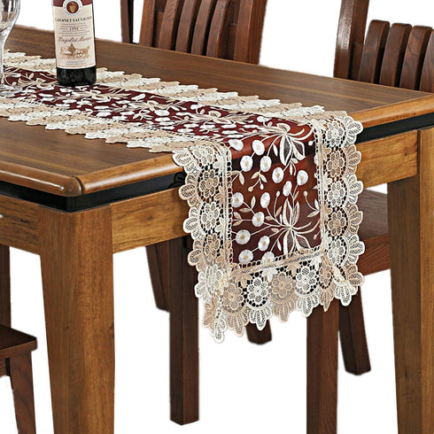 Lace Floral Embroidery Table Runner, Polyester Rectangle Transparent Dresser Scarf for Home Dining Room Tabletop Decoration, 16 x 78 Inches, Red...