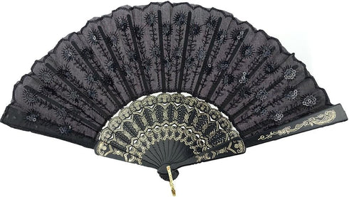 INNOLIFE Elegant Colorful Embroidered Flower Peacock Pattern Sequin Fabric Folding Handheld Hand Fan Hand-Crafted (Full Set - 6pcs Mixed Colors)...