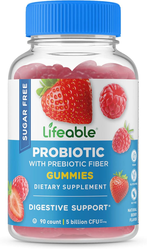 Lifeable Sugar Free Probiotics with Prebiotics Fiber – Great Tasting Natural Flavor Gummy Supplement – Keto Friendly Chewable – for Gut Health and...