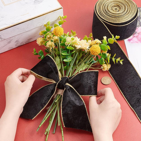 OLYCRAFT 10 Yards Velvet Wired Ribbon 2.5 Inch Black Gold Soft Velvet Ribbon Wired Black Flat Cotton Ribbons with Gold Backing for Gift Wrapping D...