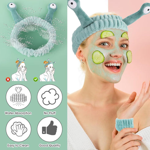 Spa Headband Face Wash Wristband Set Makeup Head Band Snail Coral Fleece Hair Band Skincare Hairband Elastic Creative Cartoon Head Wraps Cute Hair...