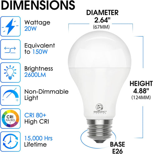 E ENERGETIC LIGHTING 4 Pack 150 Watt Equivalent LED Light Bulb, Super Bright A21 Light Bulb, Daylight 5000K, 2600 High Lumens LED Bulb, Non-Dimmab...