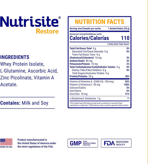Nutrisite Restore Powder for Wound Healing Support, includes Whey Isolate Protein, L-Glutamine, Vitamins A, C, and Zinc – Gluten and Sacarose Free...