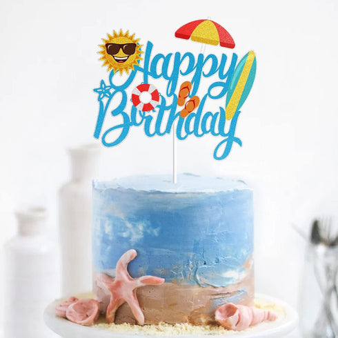 LINGBOOM Summer Beach Happy Birthday Cake Topper - Blue Glitter - 10.7*15 cm/4.2*5.9 inches - Multicolored - Birthday Occasion...