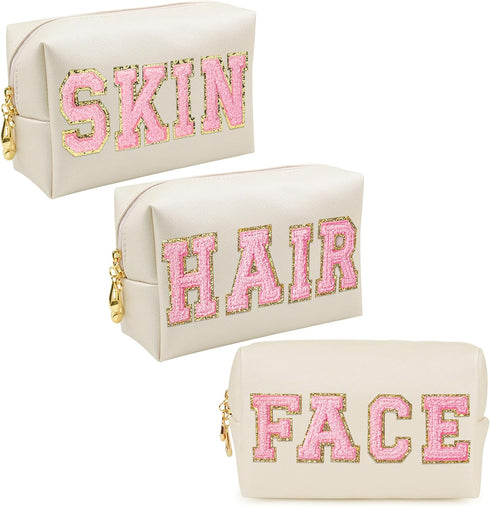 Chenille Letter Patch Makeup Bag, Preppy Cosmetic Bag PU Leather Skincare Bag with Zipper, Toiletry Bag Waterproof Travel Organizer Bag for Women ...