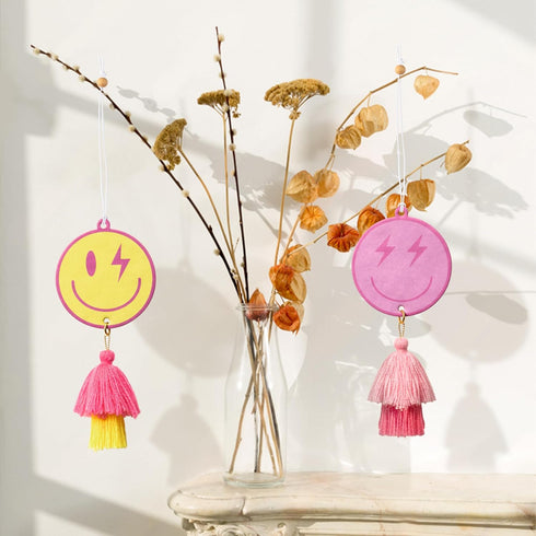 A1diee 2Pcs Preppy Tassel Car Air Freshener Yellow Pink Smile Car Hanging Slices with Tassel Boho Y2K Car Rearview Mirror Charm Scented Pendant Es...