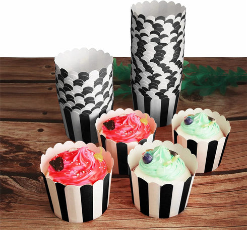 50 Pack Muffin Liners Baking Paper Cups Black and White Stripes Cupcake Liners Elegent Muffins Baking Cups Cupcake Wrappers for Birthday Parties, ...
