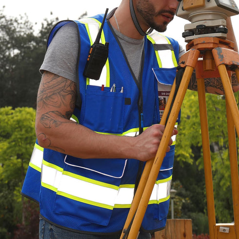 Reflective Safety Vest Blue Mesh, High Visibility Vest with Pockets and Zipper, Padded Neck, Blue with Yellow Trim L...