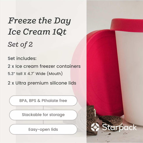 Starpack 'Freeze the Day' Ice Cream Storage Container for Freezer (2 Pcs) - 1 Quart Ice Cream Containers for Homemade Dessert - Reusable Frozen Tr...