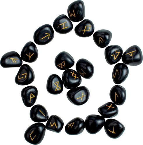 Crocon Black Tourmaline Gemstone Elder Futhark Alphabet Engraved Symbol Rune Stone 25 pcs Set for Feng Shui Chakra Balancing Reiki Healing Spiritu...