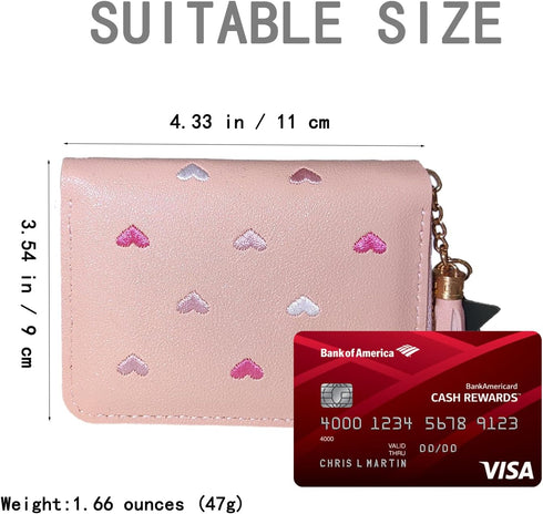 StillvollMao Coin Purse, PU Leather Change Purse Small Wallet for Women Credit Card ID Card Holder with Heart Embroidered patterns and Cute Pendan...