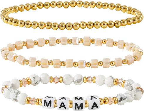 MAMA Bracelet Dainty Gold Crystal Beaded Bracelets Set for Women Stackable 14K Gold Plated Beads Nature Stone Layered Stretch Bracelets Mother's D...