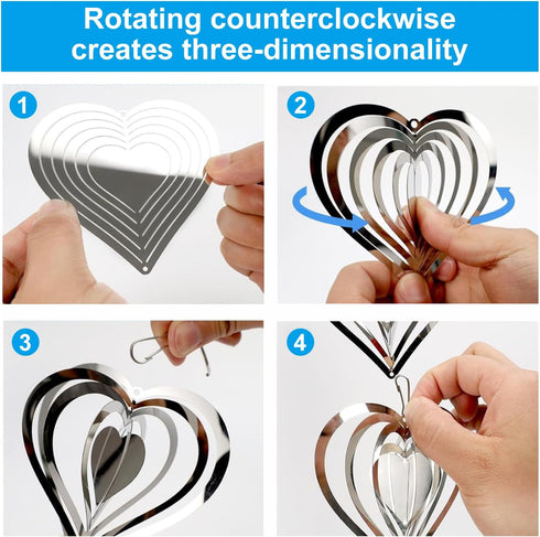 12 Metal Heart Bird Scarer Discs Set, Wind Spinners 3D Helix Reflector Stainless Steel Sparkly Outdoor Garden Decor, Scare Birds & Animals Away fr...