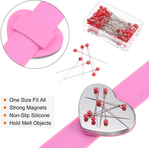 HARFINGTON Magnetic Pin Holder Wristband Heart-Shaped Wrist Sewing Pincushion Silicone Strap Bracelet with 100 Plastic Head Pins for Sewing Quilti...