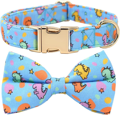 Dog Collar with Bow, Blue Dinosaur Bowtie Dog Collar, Adjustable Pet Gift Collars for Small Medium Large Dogs...