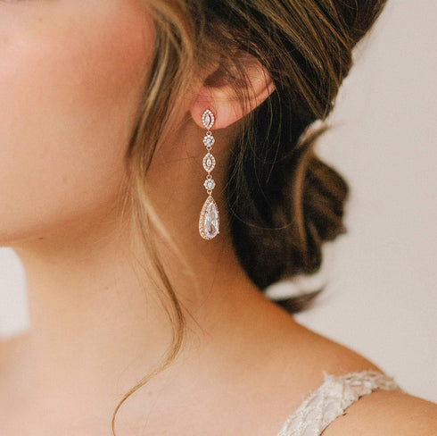 SWEETV Long Pear-Shaped Rose Gold Wedding Birdal Earrings for Brides, Bridesmaids, Crystal Chandelier Dangle Drop Earrings for Women Prom...