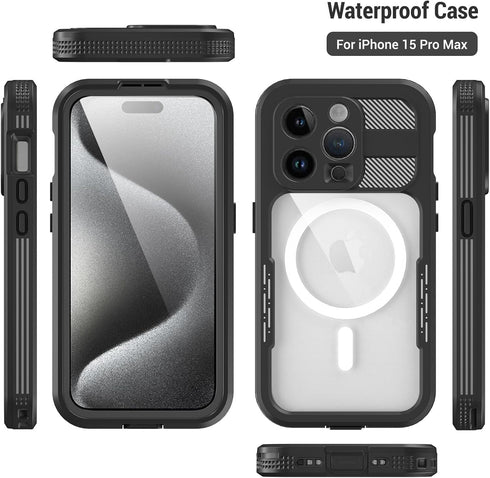 Designed for iPhone 15 Pro Max Case Waterproof with Stand, Shockproof Phone Case with Built in Screen Protector for iPhone 15 Pro Max Black...