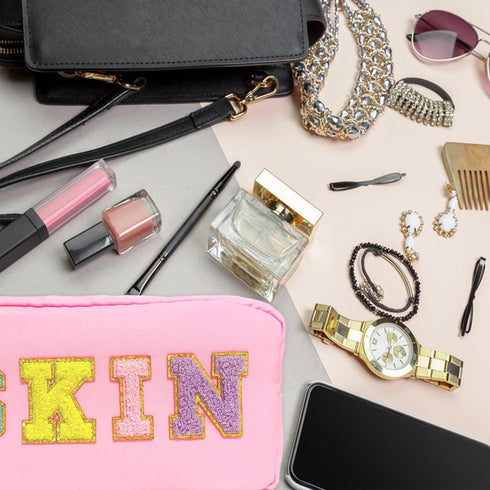Pink Preppy Patches cosmetic Bag Nylon Makeup Pouch with Chenille Varsity Letter Skin Patch,Makeup Bag Stuff Travel small Toiletry Bag for Women G...