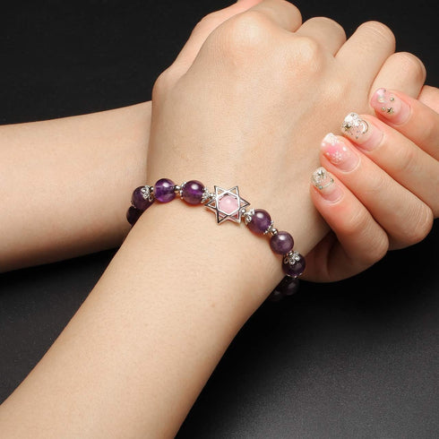 Jovivi 2pcs Natural Semi Precious Gemstone Amethyst Rose Quartz Crystal Bracelets Set Handmade Healing Stone Beads Beaded Stretch Bracelet for Wom...
