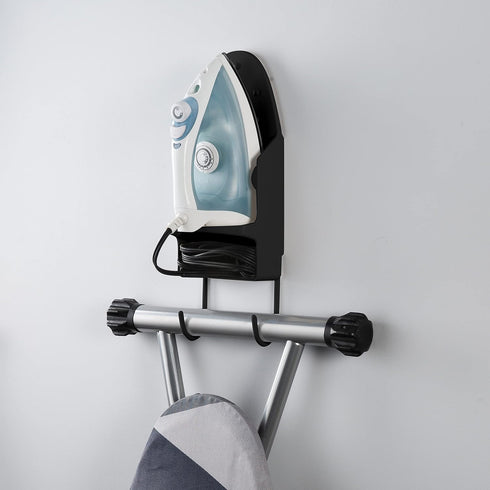 Woolite Wall Mount Iron and Ironing Board Organizer | Fits Most Irons | Holds T-Shaped Ironing Boards | Laundry Room Storage | Black...