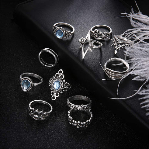 11 Pcs Bohemian Stackable Joint Knuckle Ring Set Carved Flower Star Leaf Gemstone Midi Ring Vintage Finger Rings for Women...