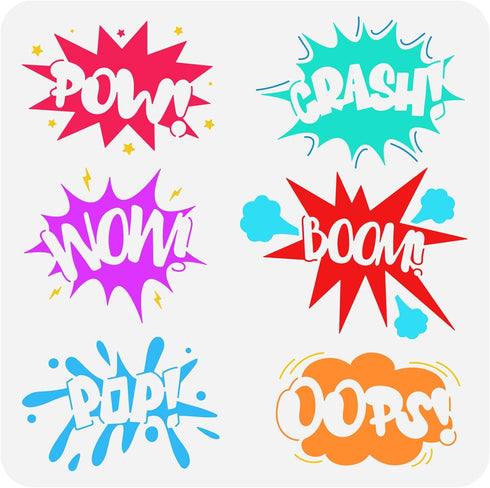 FINGERINSPIRE Comic Text Stencil 11.8x11.8 inch Plastic PET Drawing Template "Wow Boom OOPS POW Crash POP" Words Stencil Comic Theme Stencil Squar...