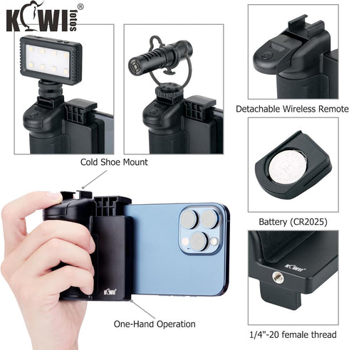 KIWIFOTOS Phone Tripod Mount, Phone Camera Grip Handle Holder with Detachable Bluetooth Shutter and Cold Shoe Adapter for iPhone 14 15 Samsung Sma...