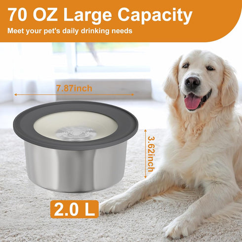 No Spill Water Bowl for Dogs, 2L/70oz Stainless Steel Dog Water Bowl Splash Proof Pet Water Dispenser, Slow Drinking Bowl for Messy Dogs, Cats...