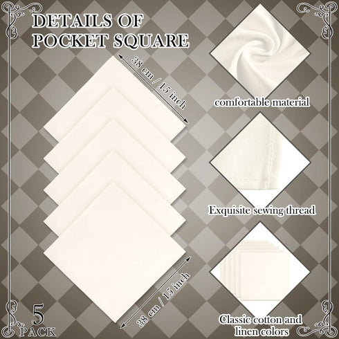 Bonuci 5 Pcs Pocket Square 15 x 15 Inch Linen Handkerchief for Men Prefolded Linen Kerchief for Men's Suit, White...