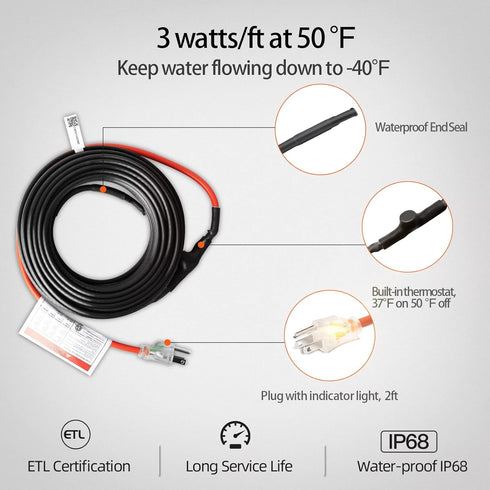 Intelligent Pipe Heat Cable for Pipe Freeze Protection, Self-Regulating Heating Cable for Metal and Plastic Home Pipes, Energy-Saving Water Pipe H...