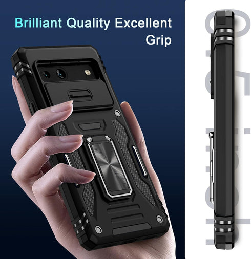 DEERLAMN Case for Google Pixel 7a with Slide Camera Cover+Screen Protector (2 Packs), Rotated Ring Kickstand Military Grade Shockproof Protective ...
