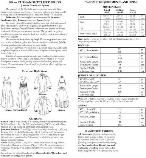 Folkwear Russian Settlers' Dress #128 Jumper Blouse Apron Traditional Sewing Pattern (Pattern Only) folkwear128...