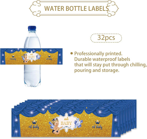 32pcs Blue Oh Baby Water Bottle Labels, Gold Glitter Gender Reveal/1st Birthday Stickers, Little Prince Bottle Wrappers, Welcome Baby Boy Bottle W...